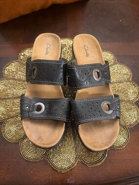 Clarks Black Double-Strap Slide Sandals with Metal Rings